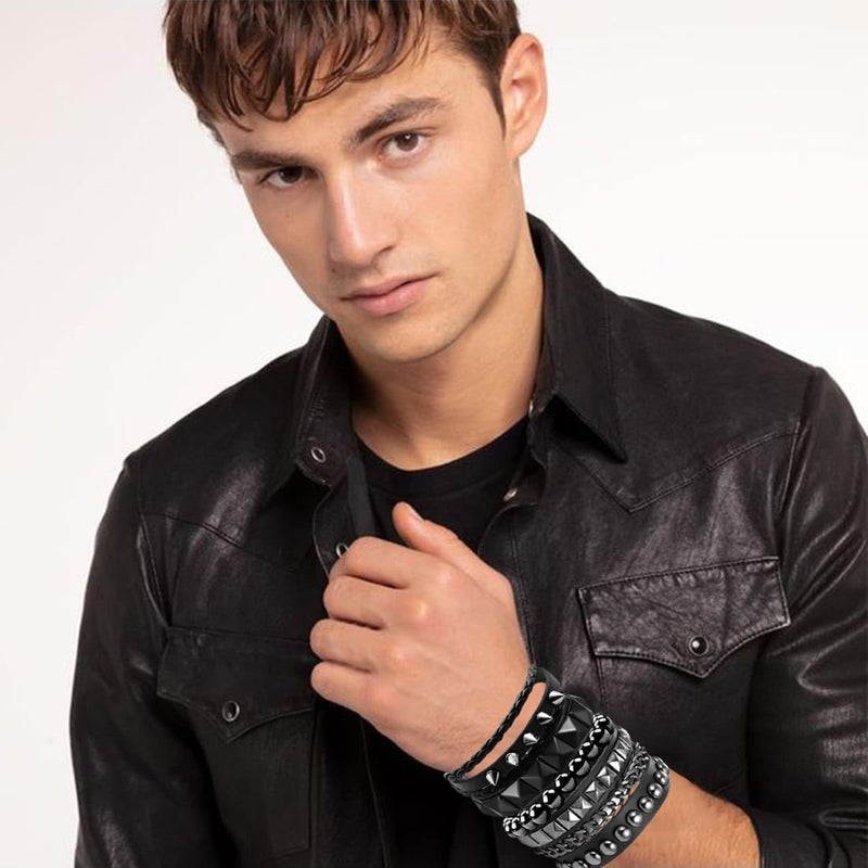 Ulekuke Store 4 Pcs Punk Rock Leather Studded Bracelets for Men Women 80s Gothic Spike Cuff Bracelet Set Emo Accessories for Rocker Outfits - Image 4